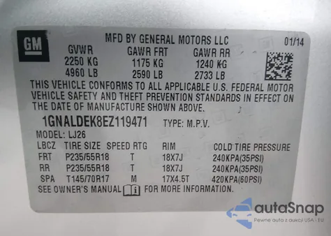 2014 Chevrolet Equinox Ltz z USA, uszkodzony, nr VIN 1GNALDEK8EZ119471